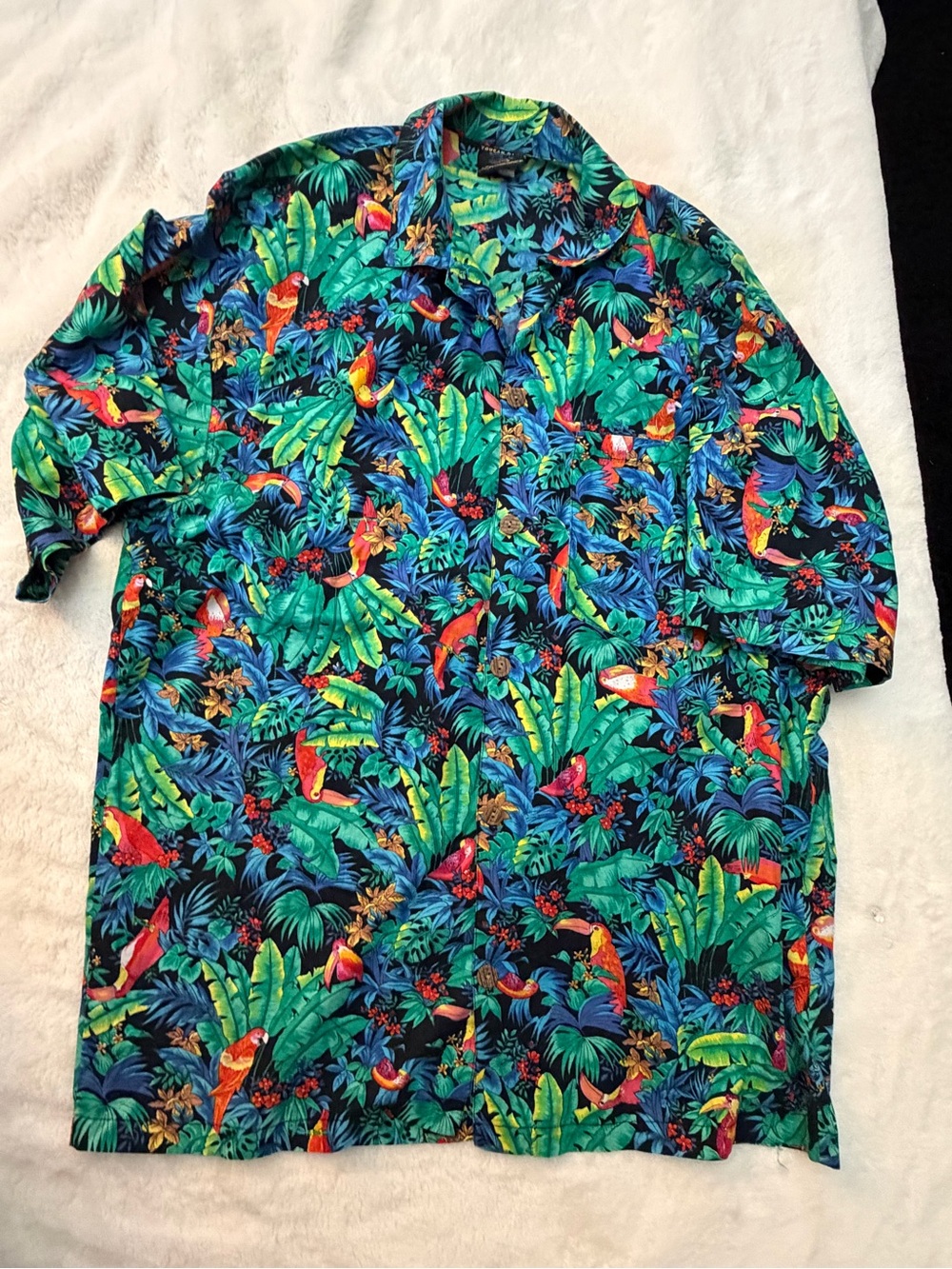 Men's Tropical Short-Sleeve Button-Down Shirt - Navy with Green & Red Print